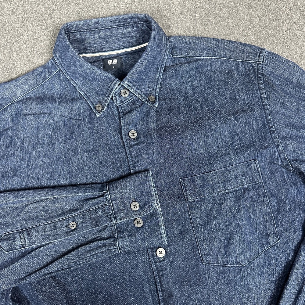 Uniqlo Denim Shirt Mens S Blue Good Long Sleeve Button Down Cotton 331-414565